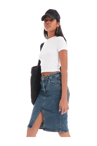 it's basic Kadın Tint Kot Rengi Erica Midi Boy Yüksek Bel Yırtmaçlı Jean Etek