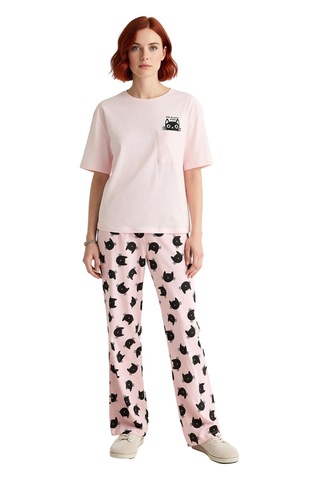 Ersefa Kadın Kedi Baskılı Pamuklu Pijama Takımı Fonksiyonel Dayanıklı Ka Pembe