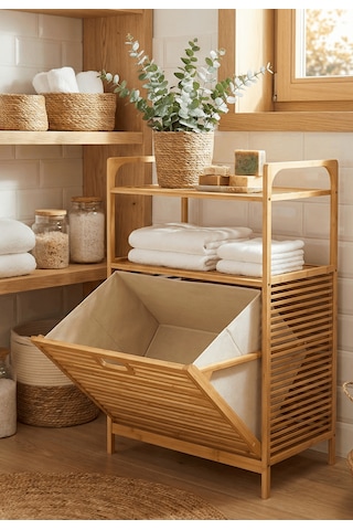 Bambu Kirli Sepetli 2 Raflı Çok Amaçlı Banyo Düzenleyici Çamaşır Sepeti Organizer 64 40 95cm Bej