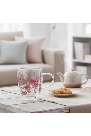 350ml Çift Cidarlı Çiçekli Kupa Isıya Dayanıklı Çift Katmanlı Cam Çay & Kahve Kupası Şık Ve Ergonomik Tasarım 6998