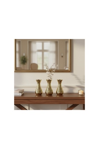 5 Adet Dalgalı Gövde Vazo Biblo Orta Boy Seramik Dekoratif Obje, Parlak Altın Gold Kaplama, Ev Ofis Dekoru Decorative Vase