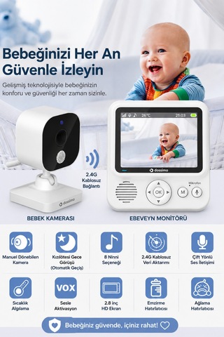 Dossimo Akıllı Bebek Kamerası Hd 360 Dönebilen Ninni, Hareket Algılama, Gece Görüş, Telsiz Modu Ds-01 Beyaz