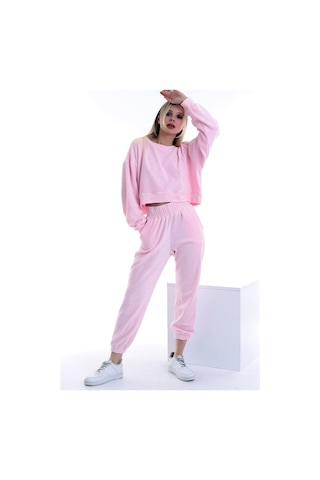 Dreamlike Kadife Yuvarlak Yaka Uzun Kollu Sweatshirt Cepli Bel Lastikli Pantolon Takım Pembe