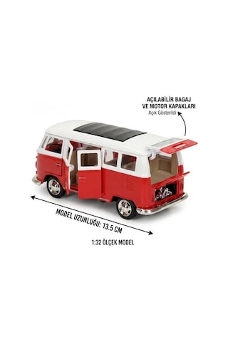 Hobbiez Lisanslı Volkswagen T1 Kapıları Açılabilir Model Diecast 1/32 Ölçek Metal Standlı Araç Kırmızı