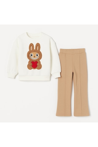 Kız Çocuk 3 İplik Şardonlu Peluş Baskı Detaylı Sweatshirt - Eşofman Alt Üst Takım Ekru