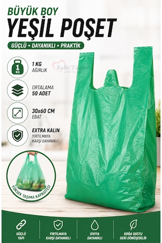 Kalın Yeşil Poşet Büyük Boy 1 Kg Hışır Atlet Poşet Market Manav Poşeti 30x60 Cm Çöp Poşeti