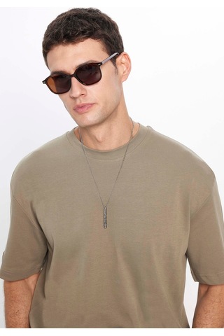 Tudors Unisex Oversize Geniş Kesim %100 Pamuk Yumuşak Dokulu Basic Bisiklet Yaka Haki Tişört-31704 Haki