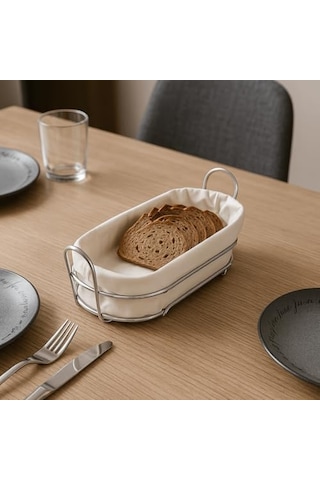 Tel Ekmek Sepeti İç Bezli Çıkarılabilir Ve Yıkanabilir Bezli Ekmeklik Cırtlı Bez Tasarım Masa Ve Mutfak İçin Şık Ekmek Sepeti 35x15x9 Cm Krem