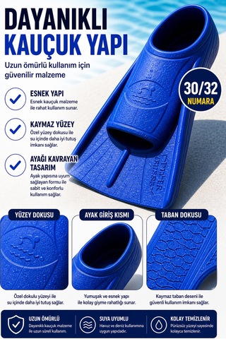 Mavi 30-32 Numara Yüzme Paleti Kauçuk Kısa Palet Havuz Deniz Antrenman Erkek Unisex Ayak
