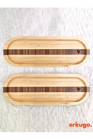 2 Adet Bambu Kalp Desenli Oval Servis Tabağı, Sunum Tabağı 25,5 X 9,5 Cm Bambu