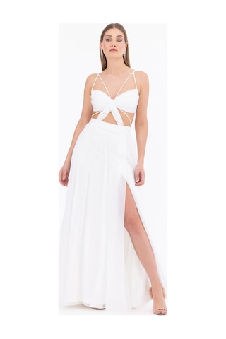 Kalp Yaka Yırtmaçlı Şifon Abiye-ekru Ekru