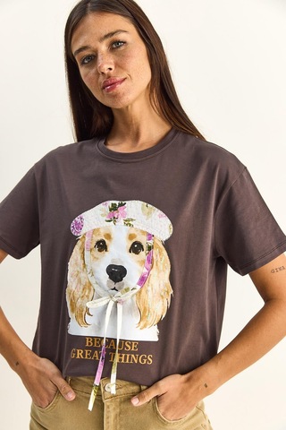 Shade Kadın Baskı Ve Payet Detaylı Fiyonklu Basic T-shirt 7643 60286115 - Kahverengi