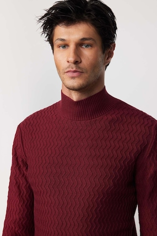 Tudors Slim Fit Dar Kesim Yarım Balıkçı Yaka Desenli Tüylenmeyen Bordo Erkek Triko Kazak-29581 Bordo