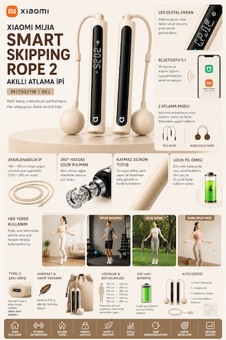 Mijia Smart Skipping Rope 2 Akıllı Atlama İpi Led Ekran Bluetooth 5.1 Ayarlanabilir 3 Metre Bej