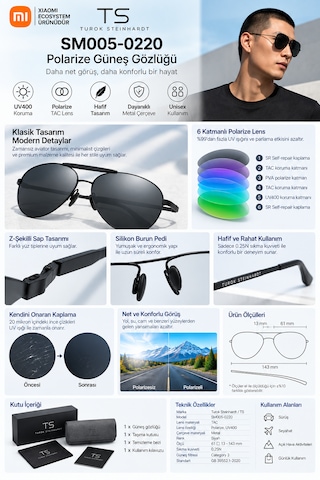 Xiaomi Ts Polarize Güneş Gözlüğü Tac Lens Pilot Aviator Style Uv400 Metal Çerçeve Siyah Unisex Sm005-0220