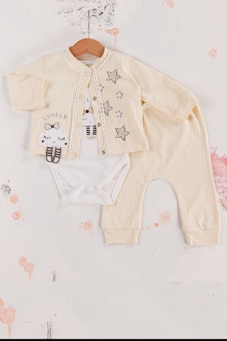 Babydonat Lovely Yıldız Desenli 3'lü Hırkalı Kız Bebek Takım Krem