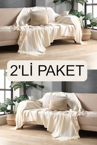 Miracolo Home Ekru Pamuklu Dekoratif Koltuk Örtüsü Set 170x230 Boyutlu Optimal Kaymaz Tasarım 2 Adet