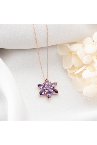 Vaoov 925 Ayar Gümüş Mor Taşlı Katmanlı Lotus Kolye Rose
