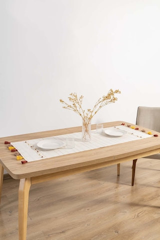 Rivaistanbul Ruffle Boncuk & Püsküllü %100 Pamuklu Ham Keten Runner 50x130 Cm Bej