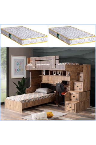Setaymobilya Ranza, Natural Ranza Karyola Çalışma Masası + 2 Comfort Yatak