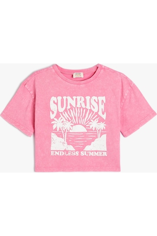 Koton Crop Tişört Tropik Baskılı Kısa Kollu Bisiklet Yaka Pamuklu Pembe 4skg10307ak Pembe