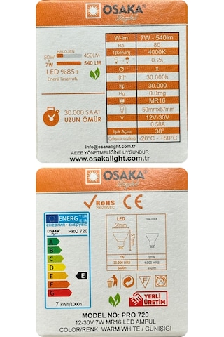 10 Adet Osaka 12volt 7w 50w Sarı 3000k Gu5.3 Duylu İğne Bacak Led Spot Ampul