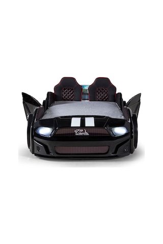Bazalı Arabalı Yatak Siyah Kapıları Açılan Mustang Full Ledli Kumandalı Ve Müzikli + Ortopedik Yatak 90x190 Cm