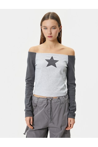 Koton Kayık Yaka Tişört Uzun Kollu Renk Bloklu Yıldız Aplike Detaylı Slim Fit Gri Melanj 4sal10500ık 4SAL10500IKGRM Gri Melanj