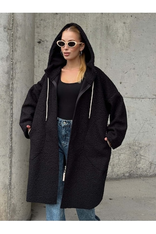 Kapüşonlu Fermuarlı Uzun Ceket Siyah