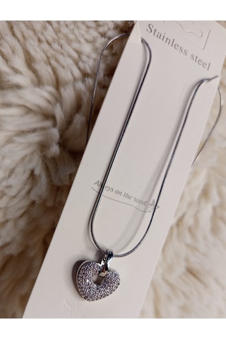 Beren Aksesuar Stainless Steel Taşlı Kalp Model Çelik Kolye Gümüş