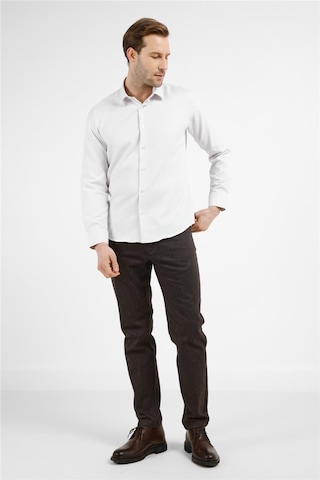 İmza Bej-beyaz Kendinden Desenli Sert Yaka Uzun Kol Cepsiz Slim Fit Pamuklu Gömlek 1004255214 K.bej - Beyaz