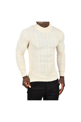 Deepsea Erkek Bej Yarım Balıkçı Yaka Çizgili Tüylenmeyen Slim Fit Triko Kazak 2505491 Bej