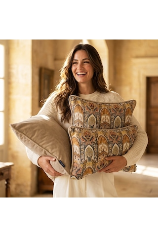 "nomad Mosaic" Etnik Desenli Kırlent Kılıfı Seti Hardal - Krem