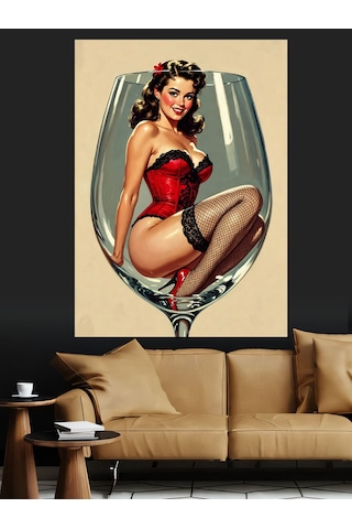 Şarap Kadehli Pin-up Kadın Dekoratif Kanvas - Mdf Ahşap Tablo