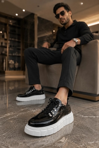 Mevese Duolc Bağcıklı Rugan Erkek Günlük Rahat Taban Sneaker Ayakkabı - Siyah Beyaz Siyah Beyaz Rugan