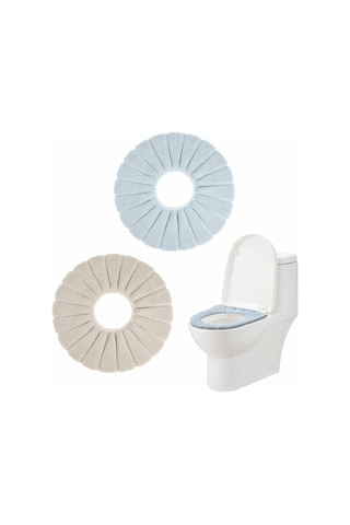 Yumuşak Tuvalet Oturağı Minderi 2 Parça Set Bej Mavi Triko Örgü B Diğer