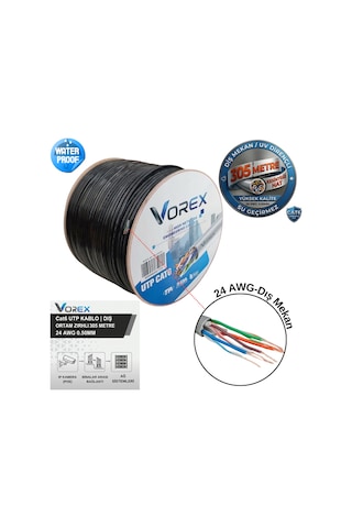 Vorex Cat6 Utp 305 Metre Zırhlı Dış Ortam Ethernet Ağ Kablosu - 24 Awg 0.50mm Outdoor Su Geçirmez Siyah