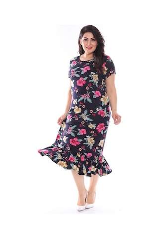 Lacivert Çiçekli Büyük Beden Elbise 29B-0957 Lacivert