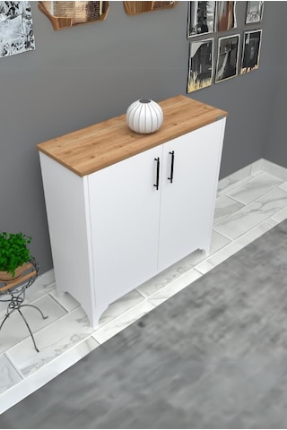 %100 Mdf 2 Kapaklı Küp Üstü Desenli Ayakkabılık Beyaz