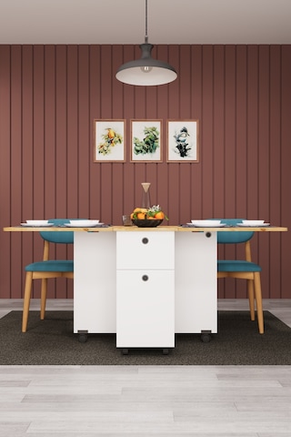 Asra Trend KM-02 %100 MDF 168x70 cm Katlanır Akıllı Mutfak Masası Tekerlekli Servis Masası Beyaz Safir Meşe