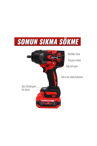 Haktaş Hkt507 Yeni Nesil Kırmızı Işıklı 5li Kömürsüz Akülü Makine Seti 21v 3ah Kırıcı Delici Matkap, 800nm Somun Sıkma, Vidalama, Led Işık, Avuç Taşlama