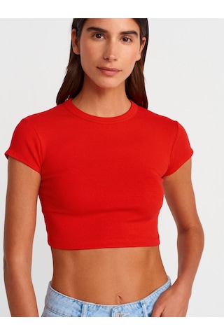 Dilvin 31810 Bisiklet Yaka Crop T-shirt-kırmızı Kırmızı