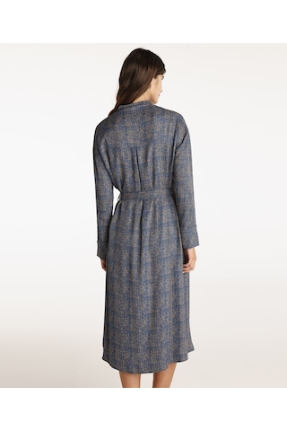 Yargıcı Yüksek Yaka Kuşalı Uzun Kollu Midi Boy Elbise Lacivert Desenli Lacivert