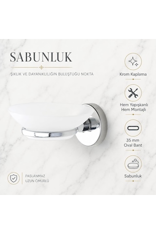 Alper Banyo İris Krom Kaplama Sabunluk, Yapışkanlı Ve Vidalı Montaj, Duvar Tipi Beyaz Sabun Kabı, 35 Mm Oval Bantl Çok Renkli