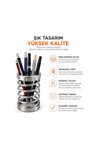 Metal Spiral Kalemlik, Paslanmaz Çelik Yay Tasarımlı Masaüstü Kalemlik, Gümüş Ofis Kalem Tutucu, Modern Masa Dü Genel