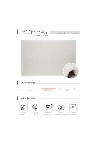 Bombay 664 Krem - Krem Hav Toz Vermez Kolay Temizlenen Hasır Doku Sisal Halı Krem