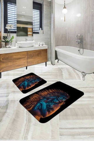 Siyah Etnik Desen Banyo Halısı Klozet 2'li Paspas Seti Bs316n11
