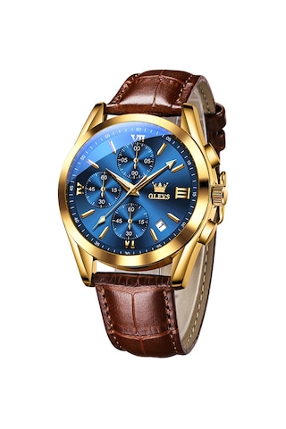 Olevs 2872 Erkekler Üç Göz Altı İğne Kronograf Su Geçirmez Kuvars Saat Mavi + Altın