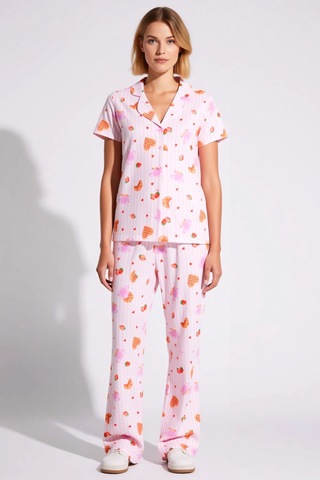 Benerly Kadın Gömlek Yaka Kısa Kol Eğlence Desenli Pijama Takımı Regular Pembe