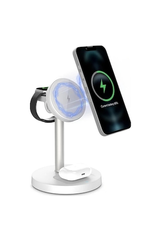 Honeybeeshop Beyaz 3lu 1 Arada Manyetik Kablosuz Sarj Standi İphone İOs Watch Uyumlu Airpods İcin